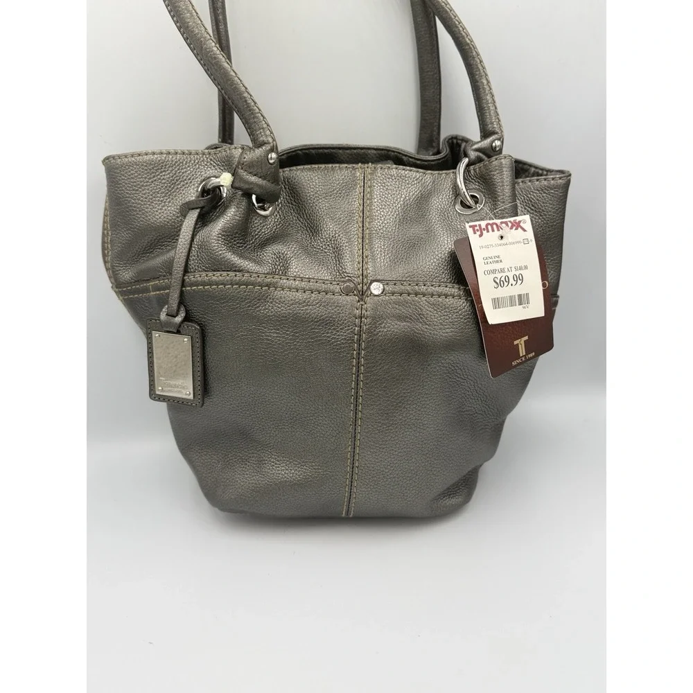 Tignanello Multi Pocket Shoulder Tote Bag Gray Genuine Leather Double Straps NWT